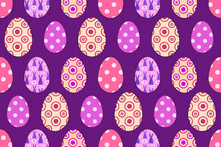 Colorful patterned Easter eggs, Easter eggs seamless pattern, ornate colored eggs on purple background repeating vector pattern.のイラスト素材