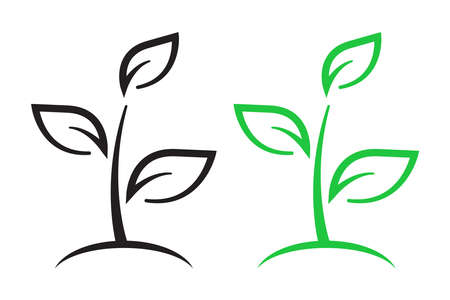 Leaves outline, vector line art icons. Leaves on branch black and white, green illustrations. Ecology, nature care, health, spa and beauty iconのイラスト素材