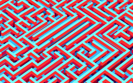 Maze background, 3D rendering, isometric perspective. In blue, red, orange colors. Colorful vector maze, labyrinth with contrast colors. Abstract puzzle background.のイラスト素材