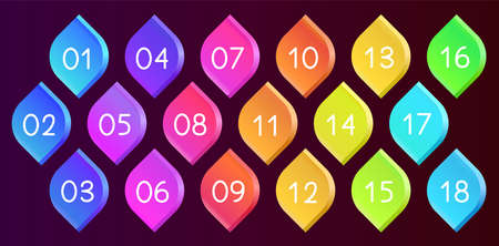 Bullet icons with numbers vector set. Gradient bullet points, isolated on a dark background. 3D rendering abstract leaf shapes with numbers. Number bullet points set, vector gradient markers.のイラスト素材