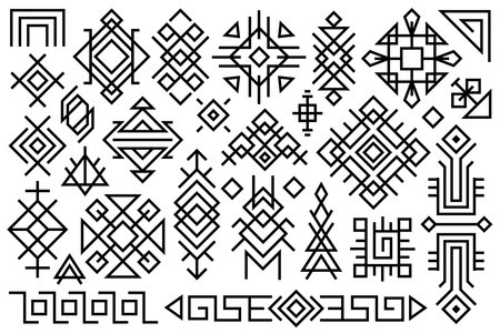 Collection of geometric ethnic elements. Line art vector, black and white ethnic motifs. Boho style design ornate elements. Abstract ornaments isolated on white background.のイラスト素材