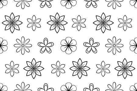 Black and white seamless floral pattern with abstract symmetric flowers. Floral repeating icons for wrapping paper and textile pattern.のイラスト素材