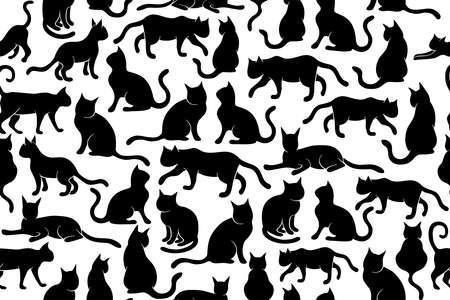 Seamless, repeating pattern with cats. Kittens flat shapes illustrations. Black and white pussy cats in different position seamless pattern.のイラスト素材