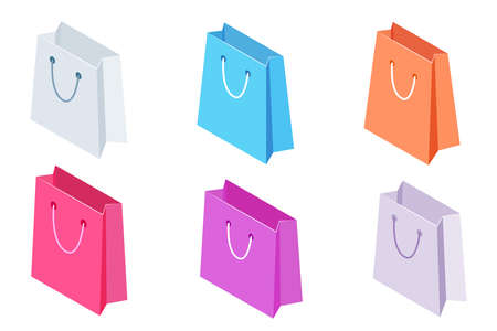 Isometric, 3D rendering shopping bags, colorful paper bags with handle isolated on white background. Isometric bag icon vector design.のイラスト素材