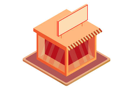 Isometric, 3D rendering store illustration. Isometric vector shop illustration in orange and red color. Shop building icon isolated on white background.のイラスト素材