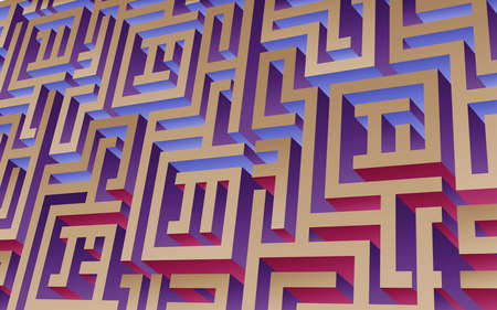 Maze background, 3D rendering, isometric perspective. In blue, red, orange colors. Colorful vector maze, labyrinth with contrast colors. Abstract puzzle background.のイラスト素材