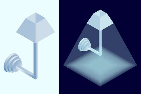 Blue isometric lamp 3D rendering. Blue light emitting square, isometric wall lamp. Bedroom interior vector decorative design elementのイラスト素材