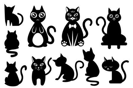 Black and white cartoon cat set. Collection of cute cats in different style, adorable baby animals for your design projects.のイラスト素材