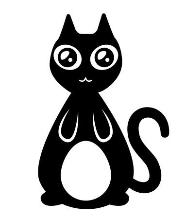 Black cat illustration. Flat black adorable black cat illustration, isolated on white background. Kitten cartoon sketch clip art, for your design projects.のイラスト素材