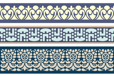 Seamless color trim set. Abstract repeating motifs. Lace ribbon tape, endless repeating trim patternのイラスト素材