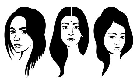 Woman illustrations in black and white, flat design. Indian, American, Asian women set.のイラスト素材