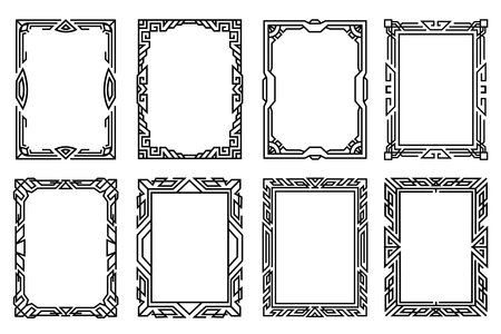 Abstract vertical ornate frames. Line art ornamental decorative border set. Border frames collection luxury designs.のイラスト素材