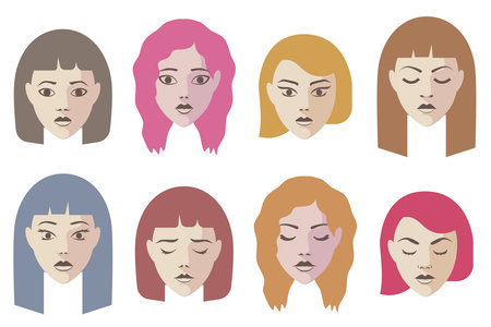 Girl faces flat vector illustrations. Digital portrait illustrations. Minimal simple designs, with different colored and style hair.のイラスト素材