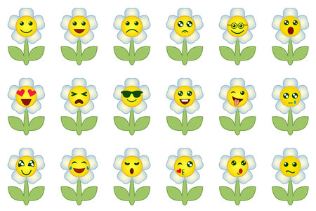 Flower emoticons set. Group of funny flowers, cartoon illustrations with different emotion, happy, sad, laughing and crying.のイラスト素材