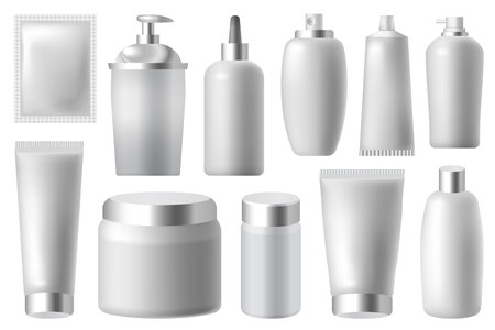 Realistic, 3D rendering, makeup, skin and body care containers mockup set. Cream, tubes, lotion, dropper, balsam, gel, spray plastic bottles and containers with metallic top.のイラスト素材