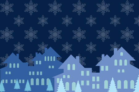 Christmas background with houses. trees. Night city with Christmas trees, houses on dark blue snowing background.のイラスト素材