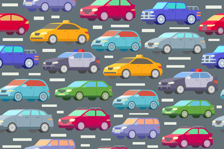 Traffic pattern with colorful cars. Automobiles on a street, seamless repeating traffic pattern.のイラスト素材