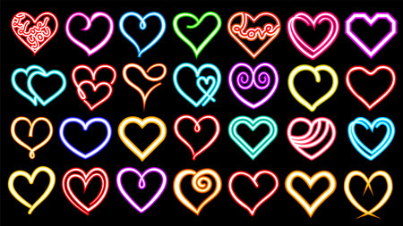 Colorful vector neon hearts. Glowing colorful neon lights in heart shape. Linear shining illustrations, good for decorations, frames, text, Valentine's design and for other purposeのイラスト素材