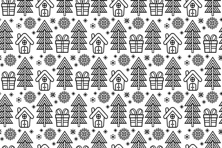 Seamless pattern with Christmas trees and snowflakes. Black and white background.のイラスト素材