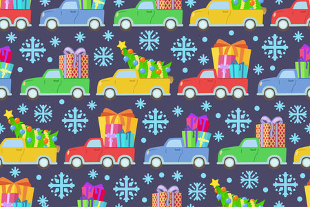 Colorful cars carrying gift boxes and Christmas trees. Christmas traffic with gifts and presents delivering cars.のイラスト素材