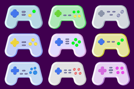 Cartoonish gamepad collection with different button layout. Colorful video game controller designs.のイラスト素材