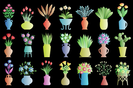 Flowers in vases. Set of vector illustrations on black background.のイラスト素材