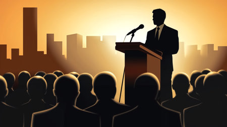 Vector illustration of a man in a business suit speaks at a conference.の素材