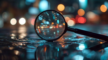 magnifying glass on a wet road with bokeh backgroundの素材
