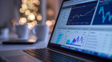 Laptop with stock market chart on screen. Business and finance conceptの素材