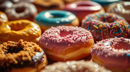 Variety of colorful donuts with sprinkles and chocolate frosted.の素材