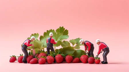 Miniature people : Farmers harvesting strawberries on pink background, Agriculture conceptの素材