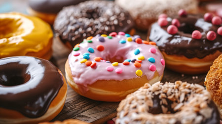 Tasty donuts with chocolate and sprinkles on wooden table, closeupの素材
