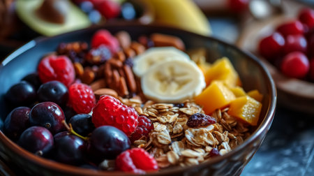 Healthy breakfast bowl with muesli, fruits and berries.の素材