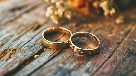Wedding rings on rustic wooden background. Vintage style.の素材