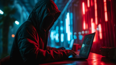 Hooded hacker stealing data from a laptop. Cybercrime concept.の素材