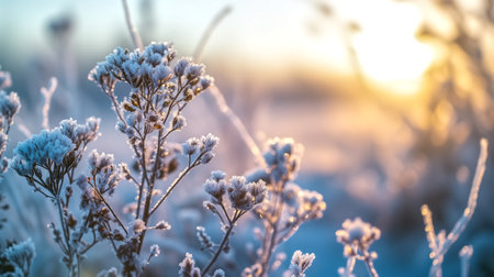 Hoarfrost on grass at sunset. Beautiful winter landscape. Nature backgroundの素材