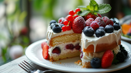 Piece of cake with strawberries, blueberries and raspberriesの素材