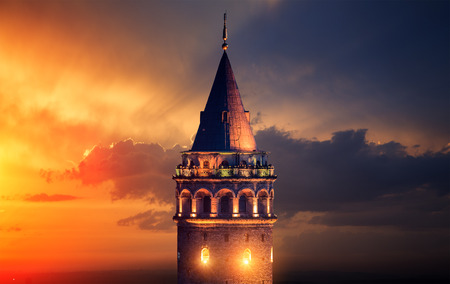 Galata Tower at Night in Istanbul Turkeyの写真素材