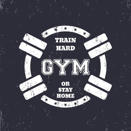 Round grunge gym t-shirt design, white print with dumbbells.のイラスト素材