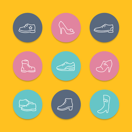 Shoes, heels, women shoes, boots, trainers, child shoes line round flat icons, illustrationのイラスト素材