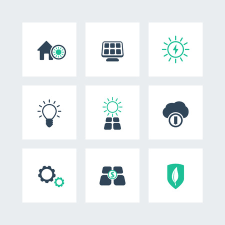 Solar energy, green and blue icons set, illustrationのイラスト素材