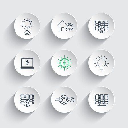 Solar energy, solar power, panels, line icons on round 3d shapes, illustrationのイラスト素材