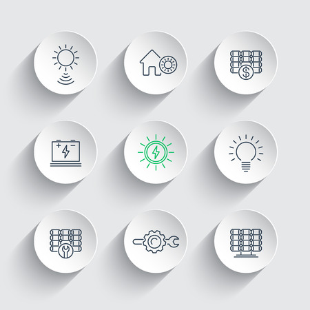 Solar energy, solar power, panels, line icons on round 3d shapes, illustration