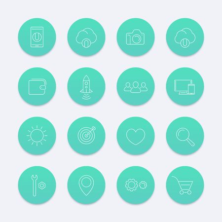 Thin line web round aquamarine icons, illustrationのイラスト素材
