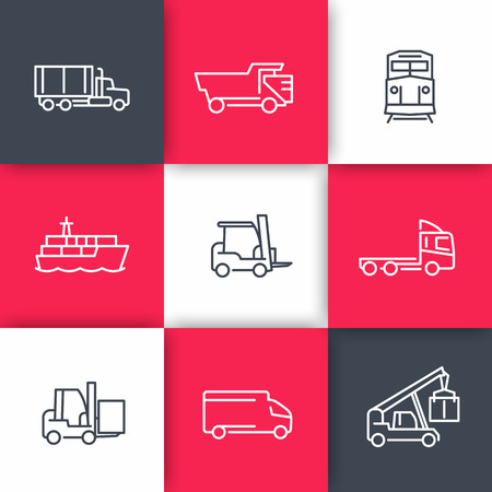 Transportation line icons, Cargo truck, Freight train, Forklift, illustrationのイラスト素材