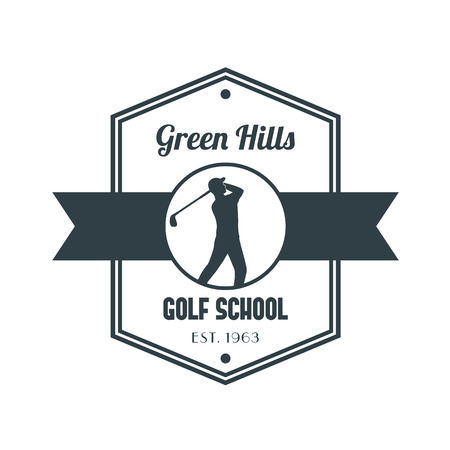 Golf school vintage logo, badge, sign, with golf player swinging golf club, illustrationのイラスト素材