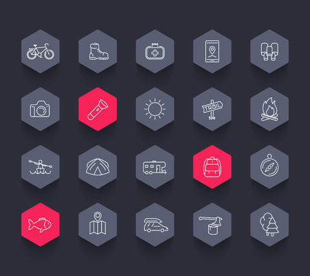 Hiking, camping, trekking, adventure, trip line hexagon icons, illustrationのイラスト素材