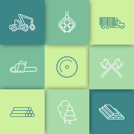 Logging, Forestry, Timber, Tree Harvester, logging truck, line icons set, illustrationのイラスト素材