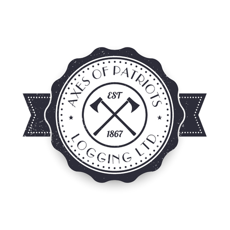 Logging, lumber company vintage logo, logotype, sign template with lumberjacks axes over white, illustrationのイラスト素材