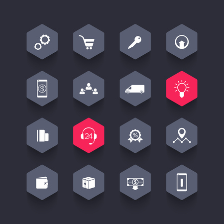 E-commerce, online shopping, online store hexagon icons pack, illustrationのイラスト素材
